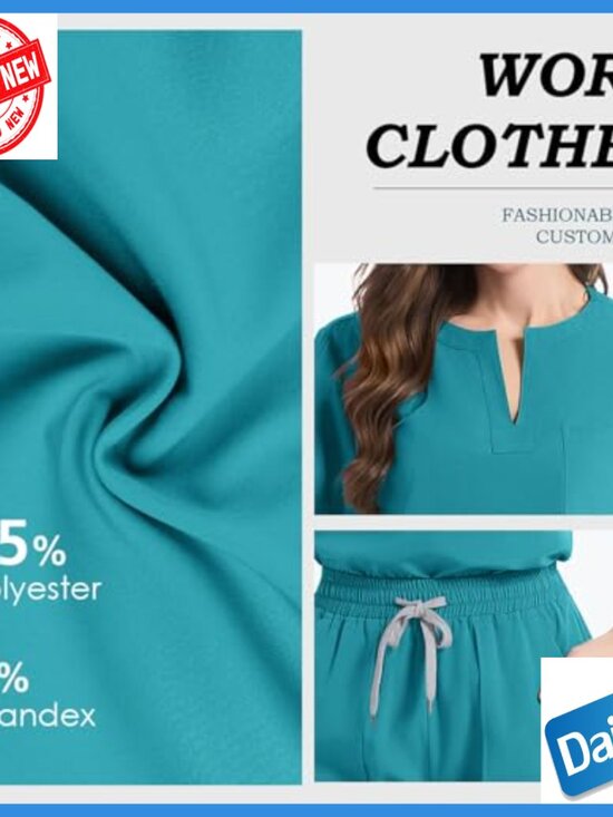 Large V-Neck Scrub Set Top & Pants Multi-Pocket Medical Uniform - Picture 4 of 7